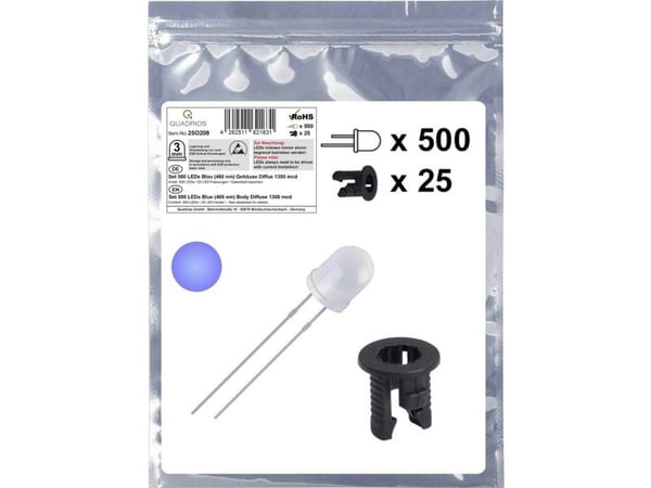 Quadrios 25O208 LED-sortiment Blå Rund 3 mm 1300 mcd 20 mA 3.0 V 3.0 V