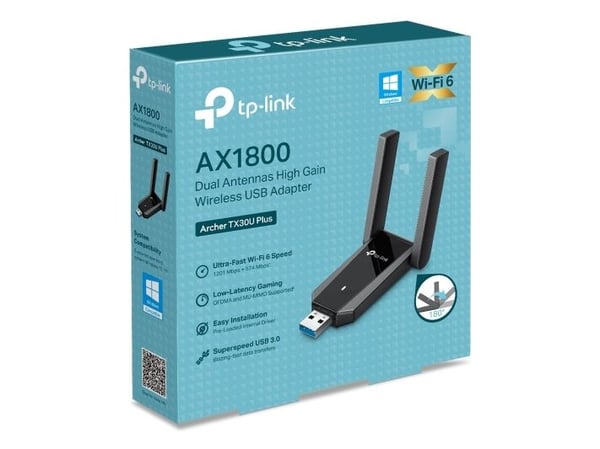 TP-Link TX30U Plus, Trådløs, USB, WLAN, Wi-Fi 6 (802.11ax), Svart