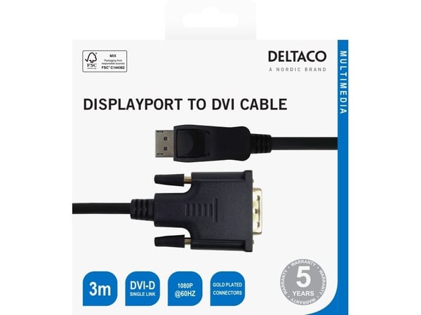 DELTACO - Adapterkabel - DisplayPort (hann) til DVI-D (hann) - 3 m - aktiv, støtte for 1920 x 1080 ved 60 Hz, up to 4.95 Gbps data transfer rate - ...