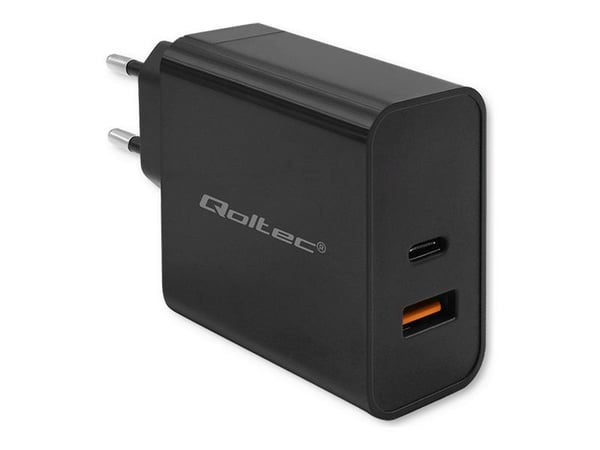 Qoltec Super Quick PD -laturi | 1xUSB-C | 1xUSB | 90W | 5-20V | 2.4-4.35A | Musta | Musta