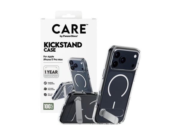 PanzerGlass CARE™ by ® Kickstand Case Transparent w. MagSafe iPhone 17 Pro Max, Suojus, Apple, Apple - iPhone 17 Pro Max, Läpinäkyvä