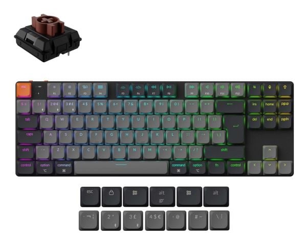 Keychron K1, Ledning & Trådløs, USB + Bluetooth, Mekanisk nøkkelbryter, QWERTY, LED, Grå