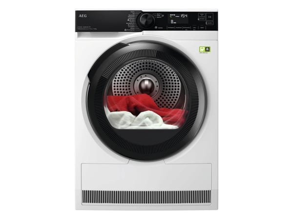 AEG Series 9000 TR9W75780, Frittstående, Frontmatet, Varme pumpe, Hvit, Rotasjon, Berøringskontroll, Riktig/Høyre