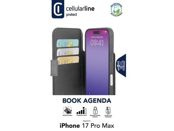 Cellularline Book Agenda, Folio, Apple, iPhone 17 Pro Max, 17,5 cm (6.9"), Svart