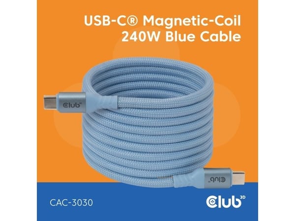 Club 3D - USB-kabel - 24 pin USB-C (hann) til 24 pin USB-C (hann) - USB 2.0 - 48 V - 5 A - 2 m - rullet sammen, USB Power Delivery (240 W), støtte ...