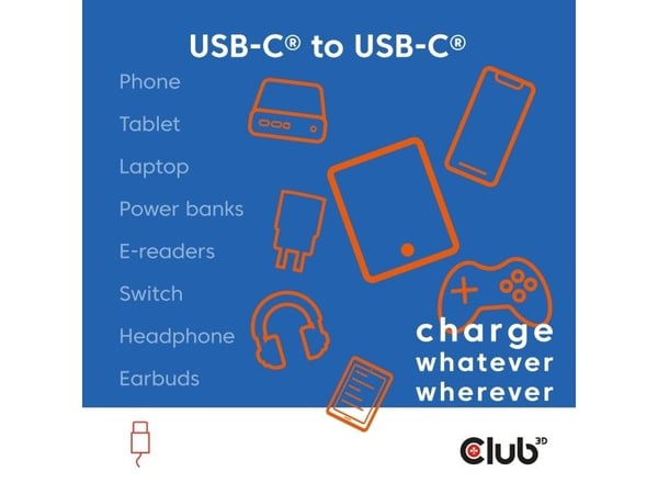 Club 3D - USB-kabel - 24 pin USB-C (hann) til 24 pin USB-C (hann) - USB 2.0 - 48 V - 5 A - 2 m - rullet sammen, USB Power Delivery (240 W), støtte ...