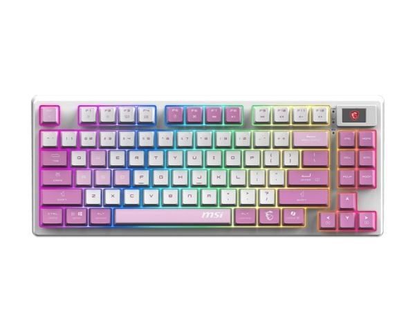 MSI FORGE GK600 TKL WIRELESS VIOLET, Trådløs, USB + Bluetooth, Mekanisk nøkkelbryter, QWERTY, RGB LED, Rosa, Fiolett, Hvit