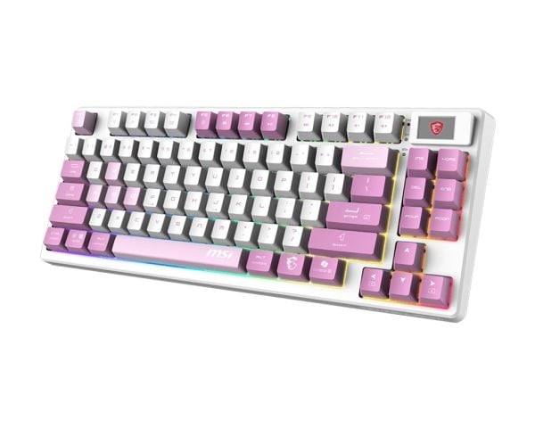 MSI FORGE GK600 TKL WIRELESS VIOLET, Trådløs, USB + Bluetooth, Mekanisk nøkkelbryter, QWERTY, RGB LED, Rosa, Fiolett, Hvit