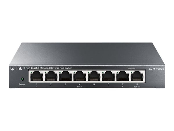 TP-Link TL-RP108GE - Switch - Styrt - 7 x 10/100/1000 (PoE-inngang) + 1 x 10/100/1000 (PoE-utgang) - stasjonær - Reverse PoE