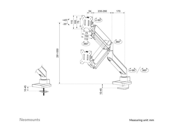 Neomounts DS70-450BL1 - Monteringssett (leddarm, maljeklemme, topfix-klemme) - full bevegelse - for LCD-skjerm - svart - skjermstørrelse: 17"-42" -...
