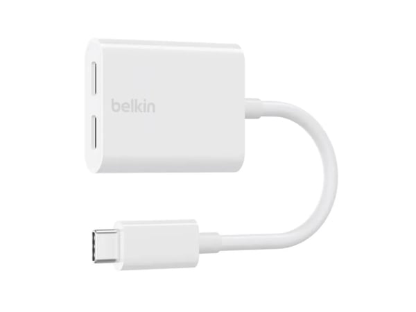 Belkin Connect Audio + Charge - USB-C til USB-C hodetelefoner / ladeadapter - USB-C hann til USB-C hunn - 14 m - hvit - USB Power Delivery (60W)