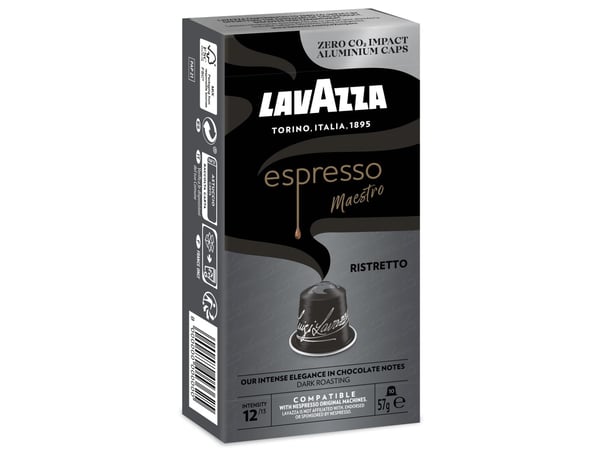 Lavazza Espresso Maestro Ristretto, Kaffe kapsyl, Ring eyelet, Mørkbrent, Nespresso, 12/13, Sort, Sølv