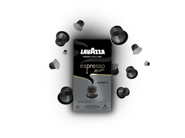 Lavazza Espresso Maestro Ristretto, Kaffe kapsyl, Ring eyelet, Mørkbrent, Nespresso, 12/13, Sort, Sølv