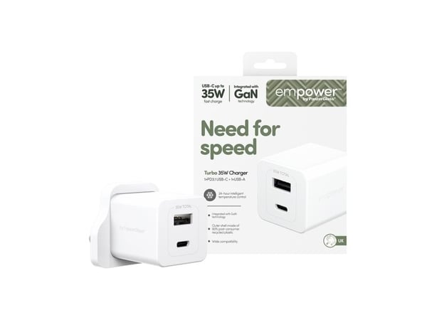 PanzerGlass empower by ® Turbo 35W Oplader inkl. USB-C + USB-A | UK Stik| Silver White, Universel, Universal - Universal, Tør påføring, Hvid, 1 stk
