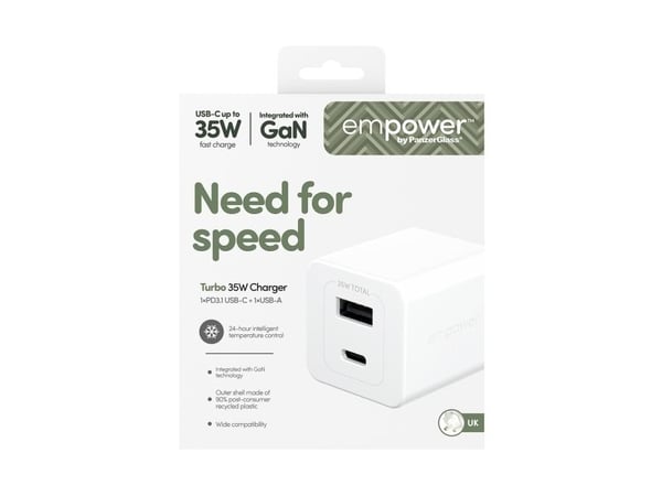 PanzerGlass empower by ® Turbo 35W Oplader inkl. USB-C + USB-A | UK Stik| Silver White, Universel, Universal - Universal, Tør påføring, Hvid, 1 stk