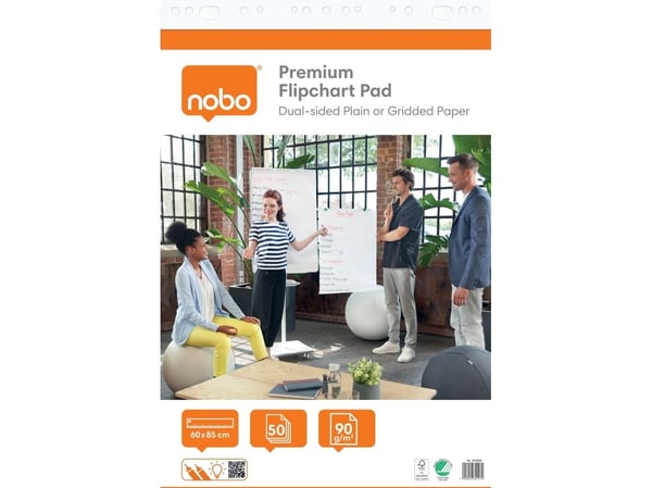 Nobo Premium flippoverblokk 60x85 cm, tosidig blanke og rutet papir, 50 ark, Hvit, Papir, 90 g/m², Vertikal, 600 mm, 850 mm