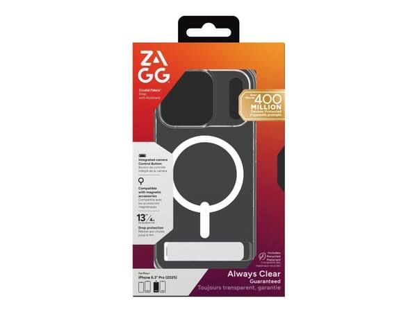 ZAGG Crystal Palace Snap Kickstand (Button Cover), Suojus, Apple, iPhone 17, 16 cm (6.3"), Läpinäkyvä