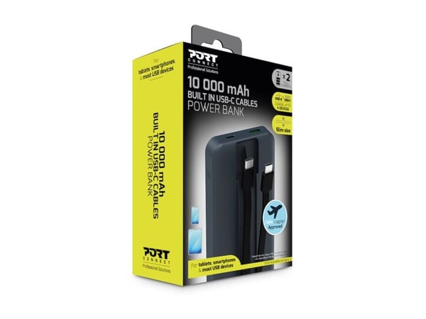 PORT Connect - Strømbank - med innebygde USB-C-kabler - 10000 mAh - 37 Wh - 20 watt - 3 A - QC, PD - 4 utgangskontakter (3 x USB-C, USB) - på kabel...