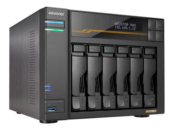 Asustor LOCKERSTOR 6 Gen3 AS6806T 6-bay filserver, AMD Ryzen V3C14 Fire kjerner 2,3GHz, 16G ECC DDR5, 4x M.2 PCIe (NVMe), 2x 10 GbE, 2x 5 GbE,