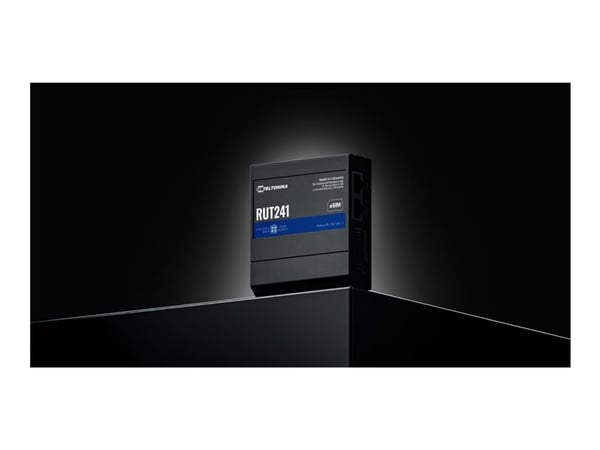 Teltonika RUT241 eSIM | Industrieller 4G-LTE-Router | Cat 4, 2x RJ45 100Mb/s, eSIM, Matkapuhelinverkon reititin, musta, Alumiini, Seinä/tolppa/DIN-...