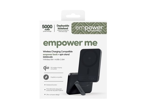 PanzerGlass empower™ by ® empower™ Bank w. Spin Stand | 5000mAh | Space Black, Svart