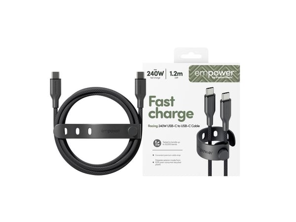 empower by PanzerGlass - USB-kabel - USB-C (hann) til USB-C (hann) - USB 2.0 - 48 V - 5 A - 1.2 m - Hurtiglading opptil 240W - romsvart
