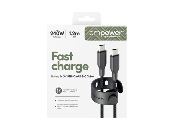empower by PanzerGlass - USB-kabel - USB-C (hann) til USB-C (hann) - USB 2.0 - 48 V - 5 A - 1.2 m - Hurtiglading opptil 240W - romsvart