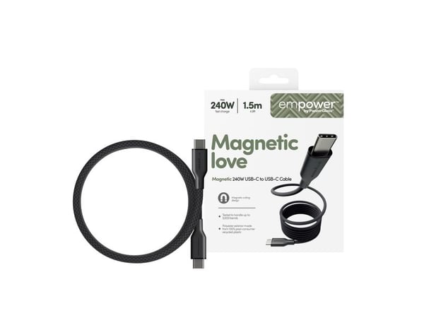 empower by PanzerGlass Magnetic - USB-kabel - USB-C (hann) til USB-C (hann) - USB 2.0 - 48 V - 5 A - 1.5 m - magnetisk, Hurtiglading opptil 240W - ...