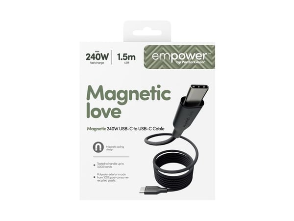 empower by PanzerGlass Magnetic - USB-kabel - USB-C (hann) til USB-C (hann) - USB 2.0 - 48 V - 5 A - 1.5 m - magnetisk, Hurtiglading opptil 240W - ...