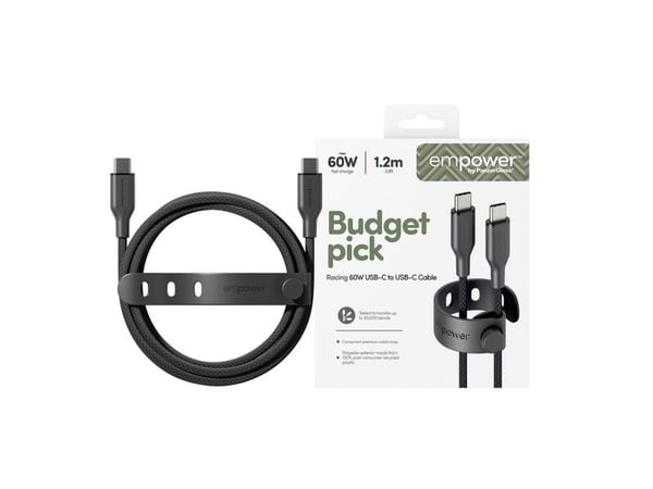 empower by PanzerGlass Racing - USB-kabel - USB-C (hann) til USB-C (hann) - USB 2.0 - 20 V - 3 A - 1.2 m - Hurtiglading opptil 60W - romsvart