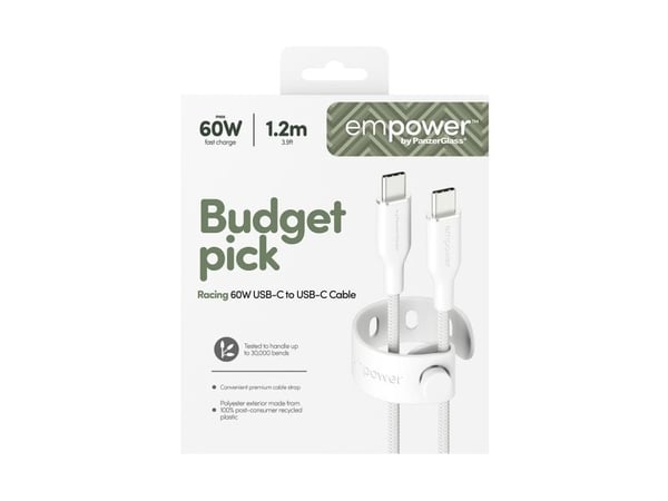 empower by PanzerGlass - USB-kabel - USB-C (hann) til USB-C (hann) - USB 2.0 - 20 V - 3 A - 1.2 m - Hurtiglading opptil 60W - sølvhvit
