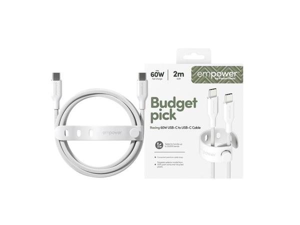 empower by PanzerGlass - USB-kabel - USB-C (hann) til USB-C (hann) - USB 2.0 - 20 V - 3 A - 2 m - Hurtiglading opptil 60W - sølvhvit