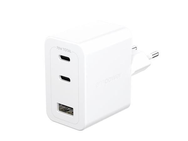empower by PanzerGlass - Strømadapter - 70 watt - Power Delivery 3.1 - 3 utgangskontakter (2 x USB-C, USB-type A) - sølvhvit