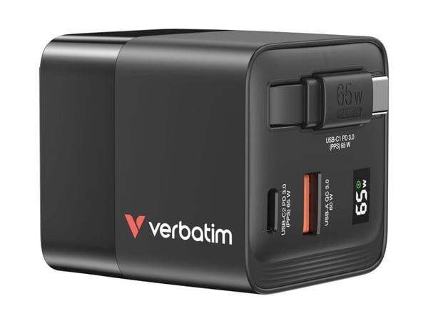 Verbatim - Strømadapter - GaN - 65 watt - 3.25 A - PD 3.0, QC 3.0 (2 x USB-C, USB) - svart