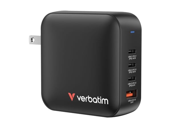 Verbatim - Strømadapter - GaN - 165 watt - 5 A - PD 3.0, PD/PPS, QC 4.0 - 4 utgangskontakter (3 x USB-C, USB)
