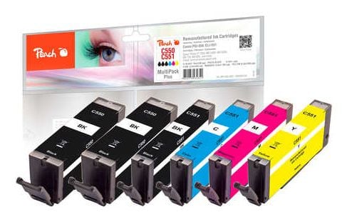 Peach Multi Pack Plus - 6-pack - S - svart, gul, cyan, magenta, fotosort - kompatibel - gjenfabrikert - blekkpatron (alternativ for: Canon CLI-551,...