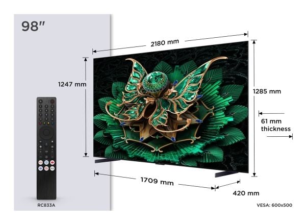 TCL 98C7K, 2,49 m (98"), 3840 x 2160 pikseliä, QD-Mini LED, Älytelevisio, Wi-Fi, Metallinen