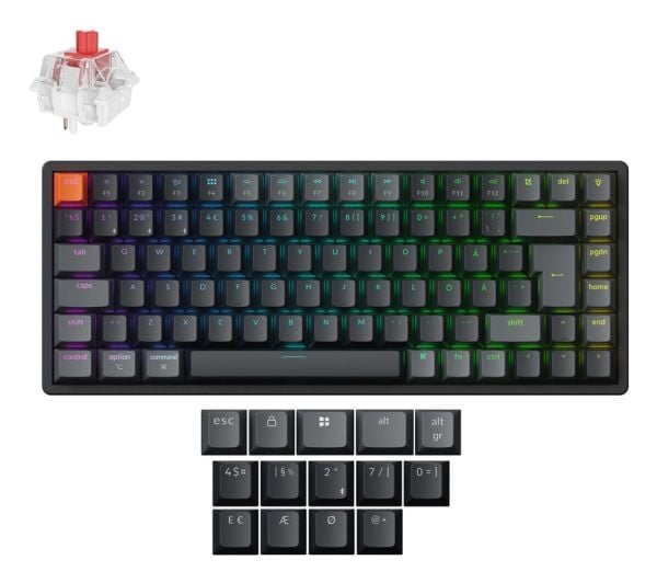 Keychron K2 - Version 3 - tastatur - ISO layout, QMK , mechanical - 75% - bakgrunnsbelyst - trådløs - Bluetooth 5.2, USB-C - QWERTY - Nordisk - tas...
