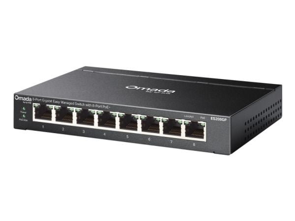 TP-Link Omada ES208GP, Håndtert, L2, Gigabit Ethernet (10/100/1000), Strøm over Ethernet (PoE), Rack-montering, DIN rail