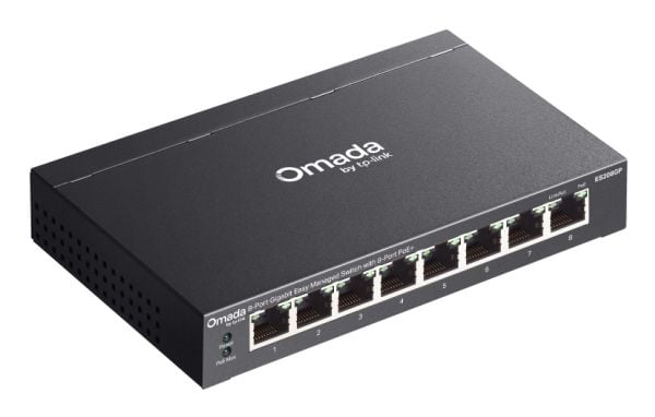 TP-Link Omada ES208GP, Håndtert, L2, Gigabit Ethernet (10/100/1000), Strøm over Ethernet (PoE), Rack-montering, DIN rail