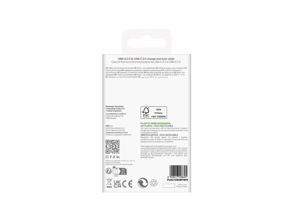 Puro 10W TPE USB-A USB-C 2m kaapeli - valkoinen
