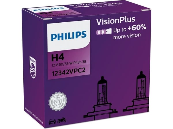 Philips VisionPlus 12972VPC2 Bättre säkerhet och komfort, 55 W, 12 V, H7, halogen, 2 styck