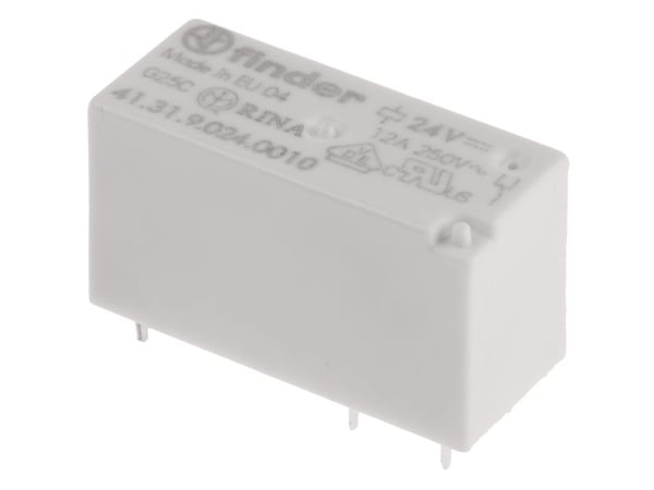 FINDER-piirilevyrele 12A, 1CO, 24V DC-kela. 3,5 mm:n tappiväli. Matala profiili. Kosketinmateriaali AgNi