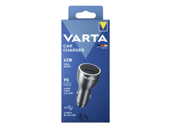 Varta - Bilstrømadapter - 45 watt - 3 A - QC, PD - 2 utgangskontakter (USB, 24 pin USB-C)