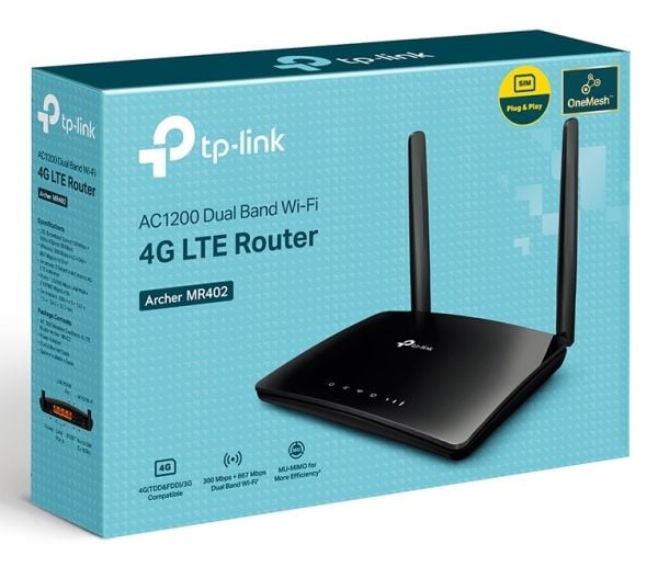 TP-LINK AC1200 trådløs Dual Band 4G LTE-ruter | Archer MR402 | 802.11ac | 10/100 Mbps | Grid støtter nr. | MU-MiMO nr. | Ikke mobilt bredbånd