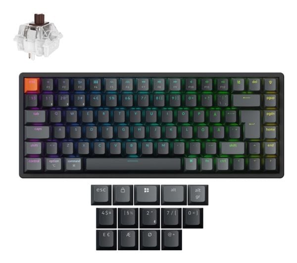 Keychron K2 - Version 3 - tastatur - ISO layout, QMK , mechanical - 75% - bakgrunnsbelyst - trådløs - Bluetooth 5.2, USB-C - QWERTY - Nordisk - tas...
