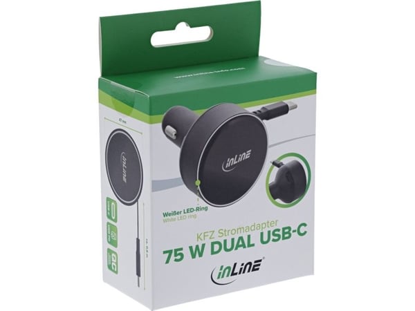 InLine Dual USB-C bilstrømadapter 12/24V - forlengbar kabel + stikkontakt - 75W (31502R)