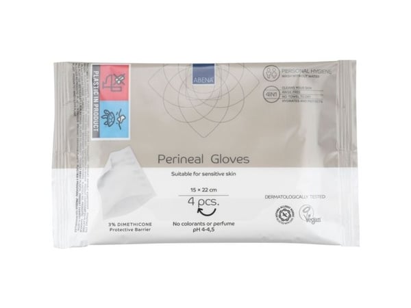 Perinealhandske ABENA halvvik 22x15 cm utan färg och parfym med 3% Dimethicone, 4 st