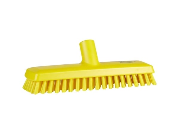 Golvskrubba med vattengenomlopp, Vikan, 27x7,5x9,5 cm, gul, polyester/PP/rostfritt stål, 27 cm
