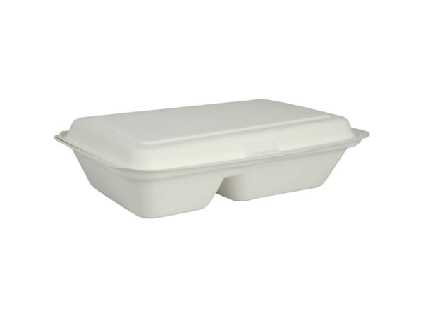 Takeaway boks, ABENA Gastro, 25,09x16,2x6,32cm, 520 ml, hvid, sukkerrør, 2-rums, 200ml / 320ml - (10 stk.)